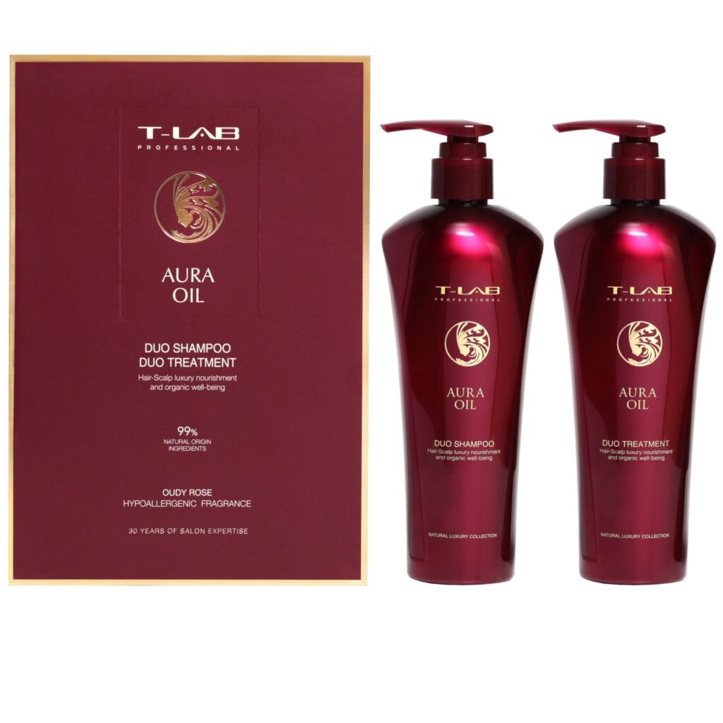 T-LAB Aura set in zwarte geschenkdoos met rood lint en goud logo